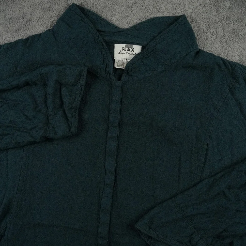 FLAX Button Up Top Womens L Green Rayon Blend Boxy Snap Front‎ Lagenlook Funnel